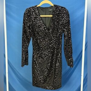O.P.T. Black Sequin V-Neck Long Sleeve Mini Dress
